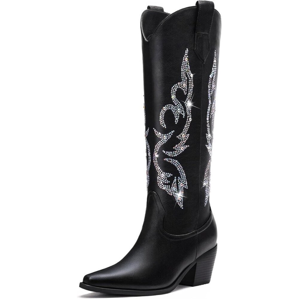 Women's Black Knee High Wide Calf Western Glitter Sparkly Ladies Tall Boots